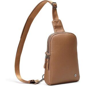 Women's Brown Synthetic Leather Fashion Long Strap Chest Bag With Zipper Pockets